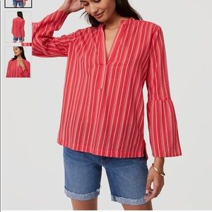 LOFT Red Striped Bell Sleeve Split Neck Cotton Blouse XS